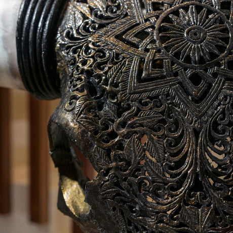 Hand Carved Longhorn Skull // XL Horns - Antique Bronze Mandala // Metallic Finish