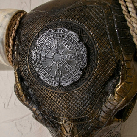 Hand Carved Longhorn Skull // XL Horns - Antique Bronze Nordic Compass // Metallic Finish