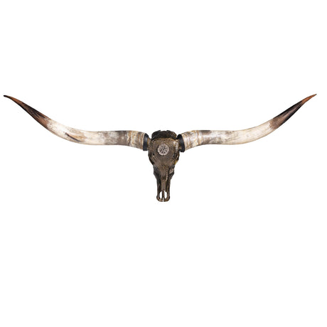 Hand Carved Longhorn Skull // XL Horns - Antique Bronze Nordic Compass // Metallic Finish