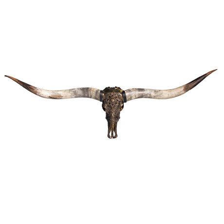 Hand Carved Longhorn Skull // XL Horns - Antique Bronze Mandala // Metallic Finish