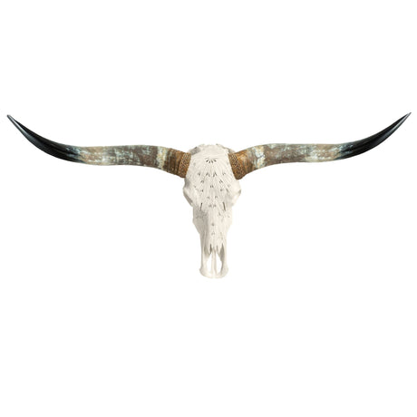Hand Carved Longhorn Skull - White Feathers