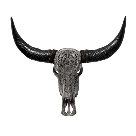 Hand Carved Buffalo Skull - Gray Vegvísir
