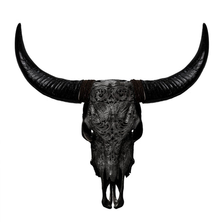 Hand Carved Cow Skull - Black Moth