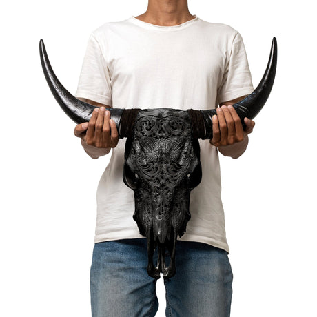 Hand Carved Cow Skull - Black Moth