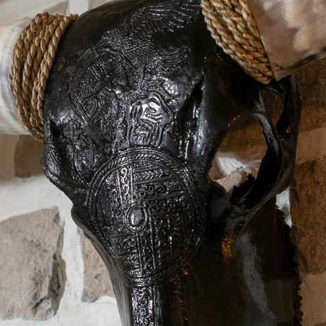Hand Carved Longhorn Skull - Black Norseman