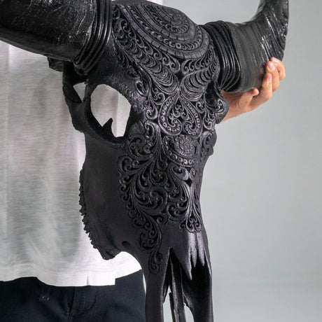 Hand Carved Cow Skull - Matte Black Boho
