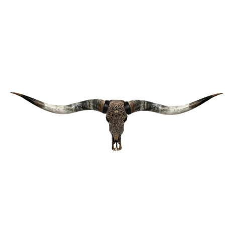 Hand Carved Longhorn Skull // XL Horns - Antique Bronze Mandala // Metallic Finish