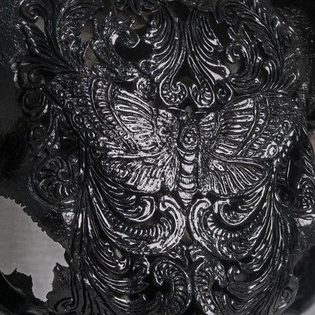 Hand Carved Longhorn Skull - Black Moth