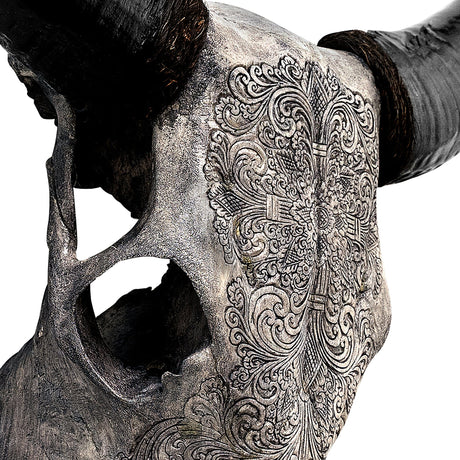 Hand Carved Cow Skull - Gray Fine Line