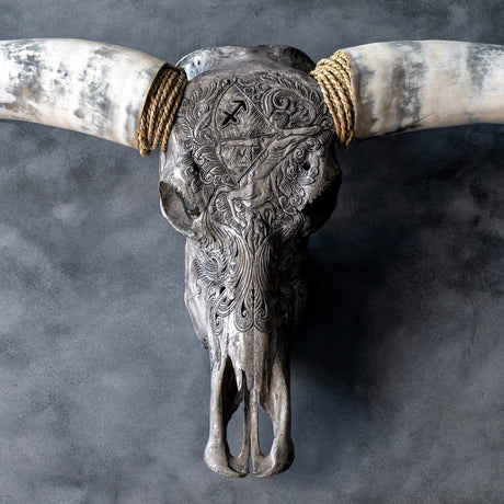 Hand Carved Longhorn Skull - Gray Sagittarius