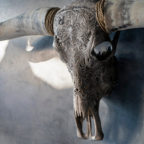 Hand Carved Longhorn Skull - Gray Taurus