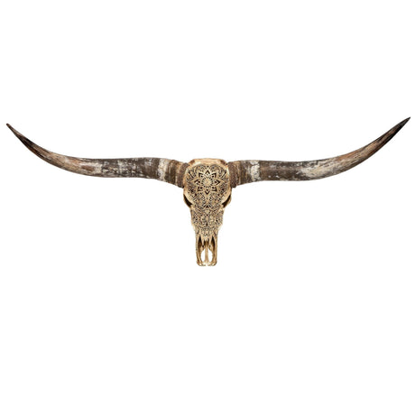 Hand Carved Longhorn Skull - Golden Mandala