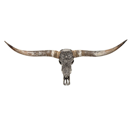 Hand Carved Longhorn Skull - Gray Mandala