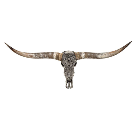 Hand Carved Longhorn Skull - Gray Mandala