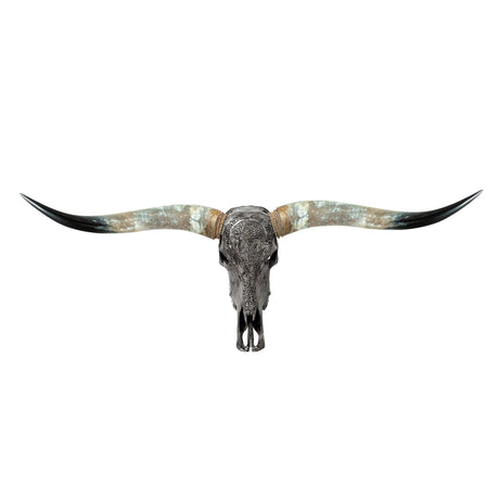 Hand Carved Longhorn Skull - Gray Yggdrasil