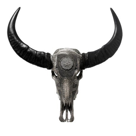 Hand Carved Buffalo Skull - Gray Nordic Compass