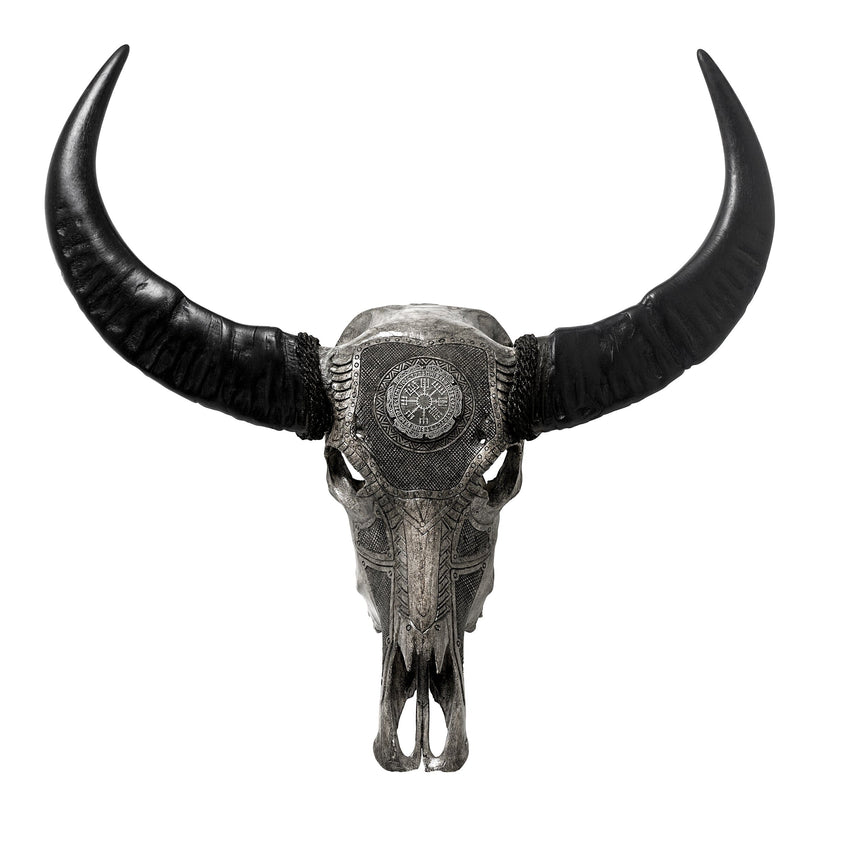 Hand Carved Buffalo Skull - Gray Nordic Compass – Skull Bliss