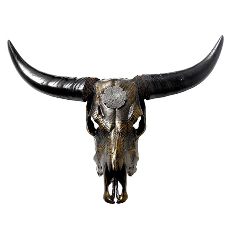 Hand Carved Cow Skull - Antique Bronze Nordic Compass // Metallic Finish