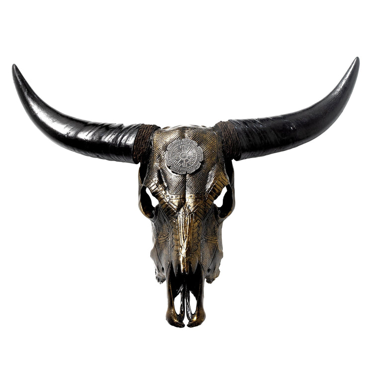 Hand Carved Cow Skull - Antique Bronze Nordic Compass // Metallic
