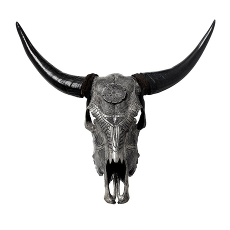 Hand Carved Cow Skull - Gray Nordic Compass