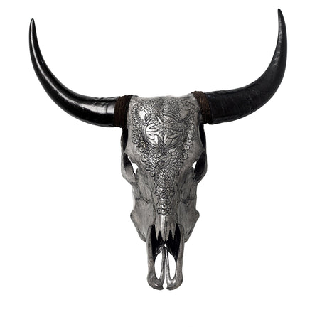 Hand Carved Cow Skull - Gray Jormungandr