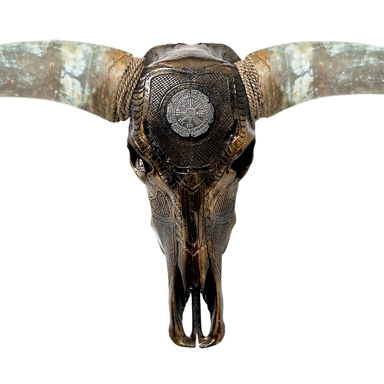 Hand Carved Longhorn Skull - Antique Bronze Nordic Compass