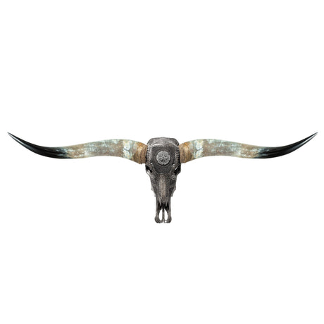 Hand Carved Longhorn Skull - Gray Nordic Compass