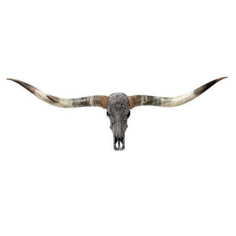 Hand Carved Longhorn Skull // XL Horns - Gray Norse Rune