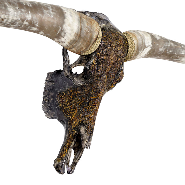 Hand Carved Longhorn Skull - Antique Gray Fine Line