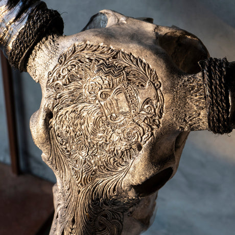 Hand Carved Buffalo Skull - Gray Aquarius