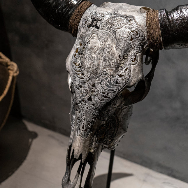 Intricately Carved Buffalo Skulls with Buddha Intricately Carved Buffalo Skulls with Buddha