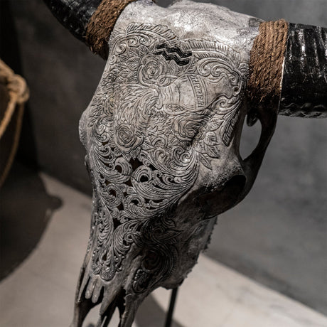 Hand Carved Cow Skull - Gray Aquarius
