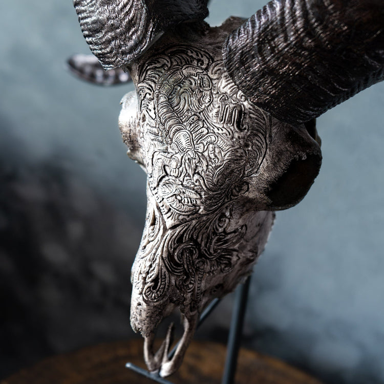 Hand Carved Ram Skull - Gray Scorpio – Skull Bliss