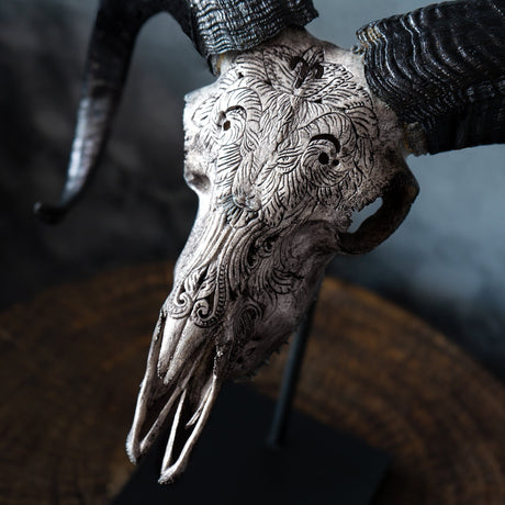 Hand Carved Ram Skull - Gray Aries