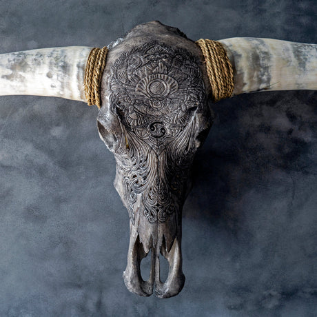 Hand Carved Longhorn Skull - Gray Cancer