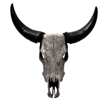 Hand Carved Cow Skull - Gray Fine Line