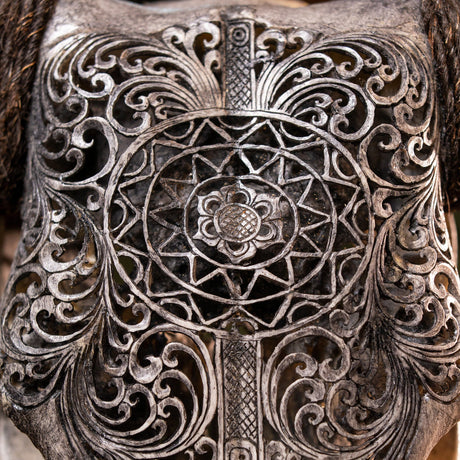 Hand Carved Buffalo Skull - Gray Sun