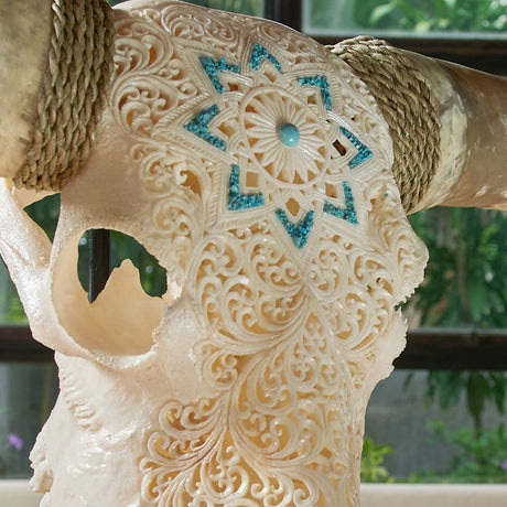 Hand Carved Longhorn Skull - White Glowing Mandala