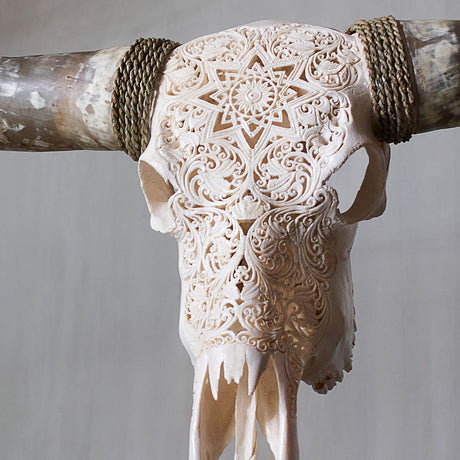 Hand Carved Longhorn Skull - White Mandala