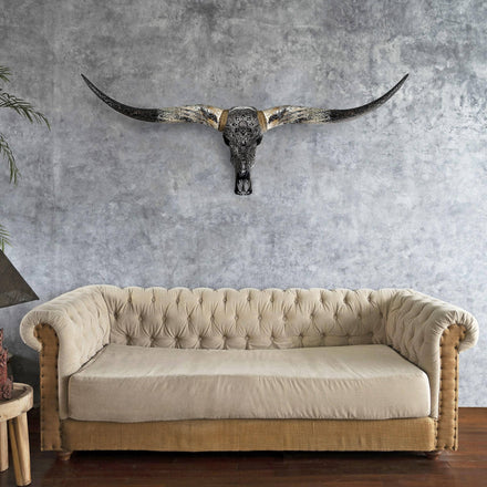 Hand Carved Longhorn Skull - Black Mandala