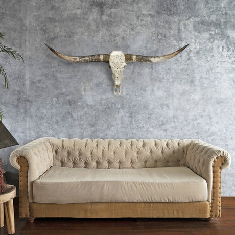 Hand Carved Longhorn Skull - White Predator