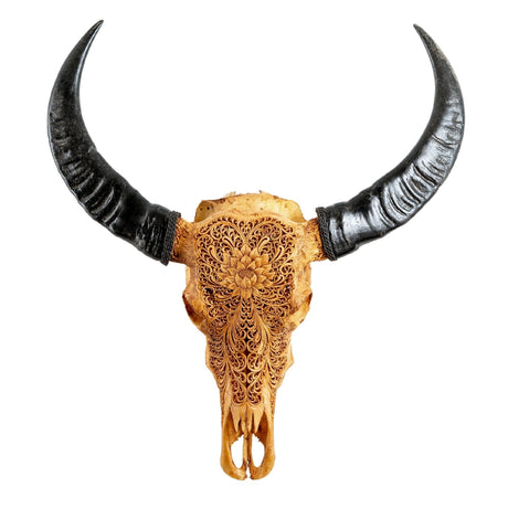 Hand Carved Buffalo Skull - Antique Lotus