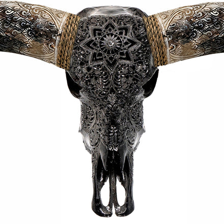 Hand Carved Longhorn Skull - Black Mandala
