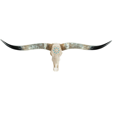 Hand Carved Longhorn Skull - White Glowing Mandala