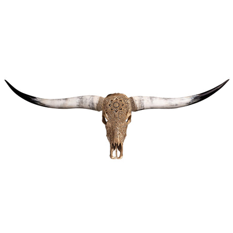Hand Carved Longhorn Skull - Golden Mandala