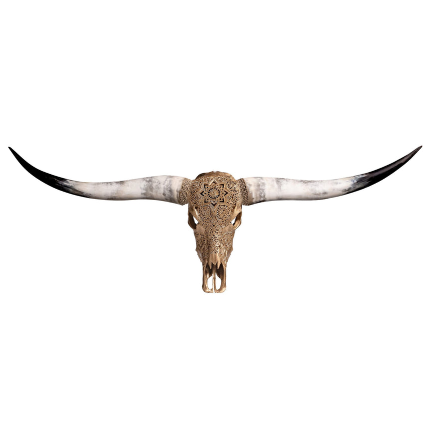 Hand Carved Longhorn Skull - Golden Mandala – Skull Bliss