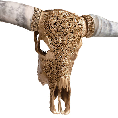 Hand Carved Longhorn Skull - Golden Mandala – Skull Bliss