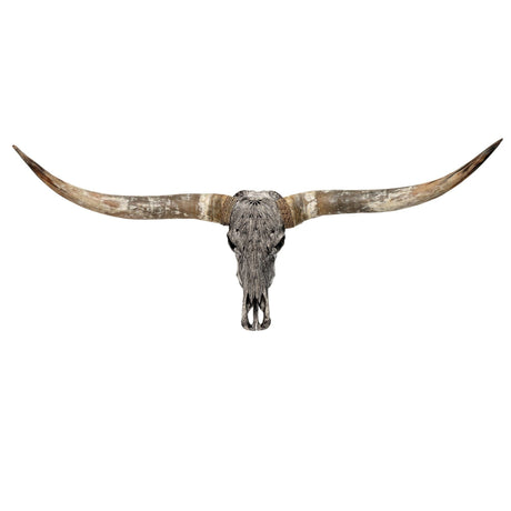 Hand Carved Longhorn Skull - Gray Feathers