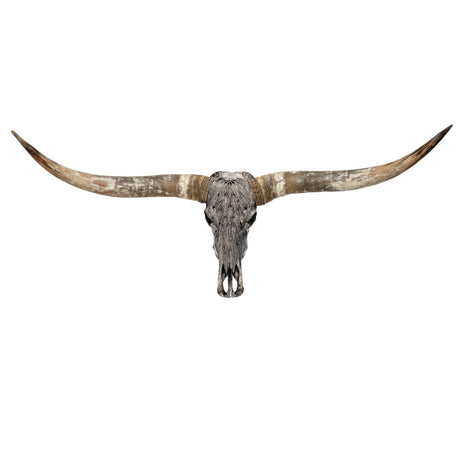 Hand Carved Longhorn Skull - Gray Feathers