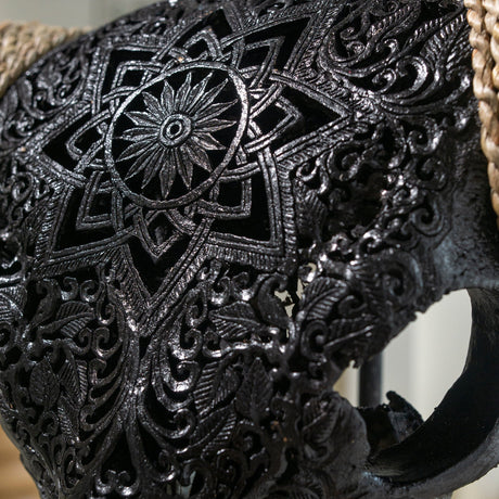 Hand Carved Longhorn Skull - Black Mandala